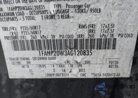 2010 Ford Taurus Se z USA, uszkodzony, nr VIN 1FAHP2DW3AG120835